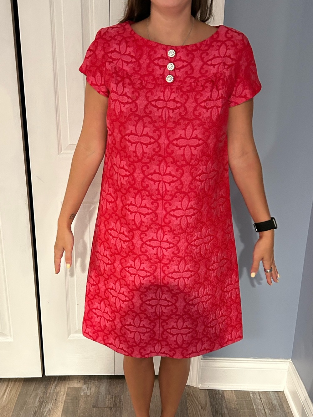 Vintage 1960s Howard Wolf Pink Jacquard Dress: Jewel Neckline, Gemstones Midi